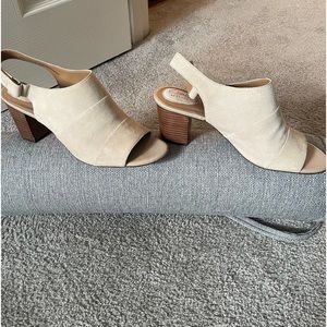 Clarks Tan Suede Heals, open toe, size 10m